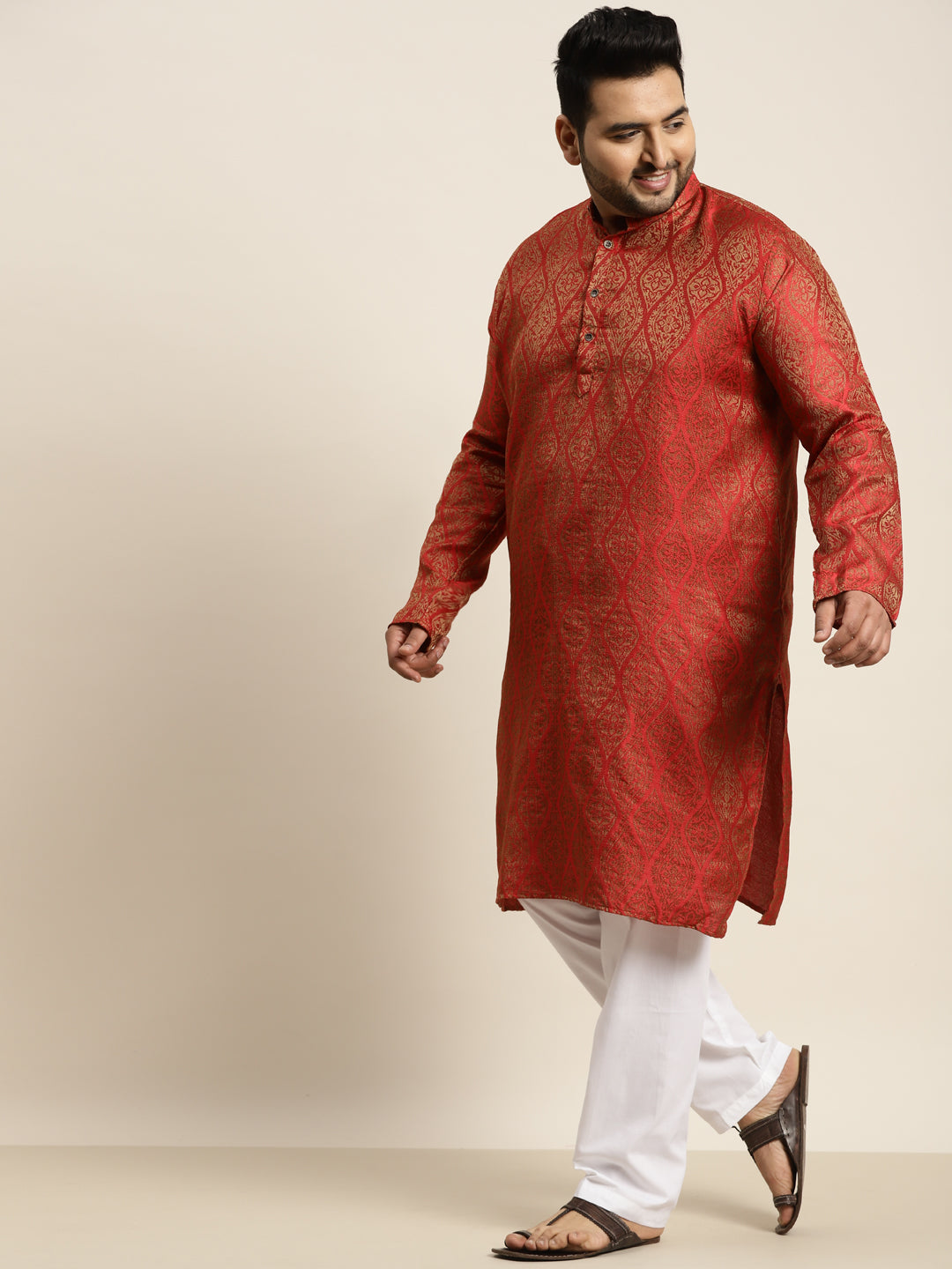 Men's Jacquard Silk Red & Gold Kurta & Off-White Pyjama