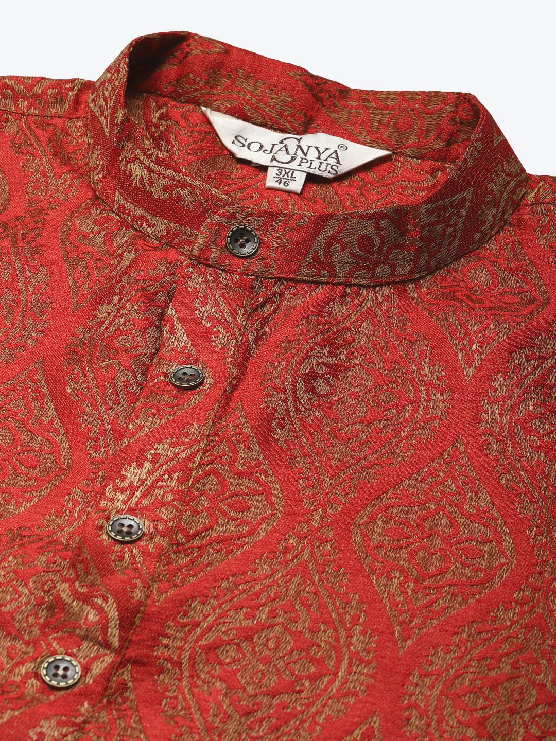 Men's Jacquard Silk Red & Gold Kurta & Off-White Pyjama