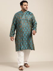 Men's Jacquard Silk Teal Blue Kurta & Off-White Churidar Pyjama Set