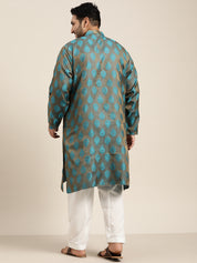 Men's Jacquard Silk Teal Blue Kurta & Off-White Churidar Pyjama Set