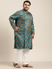 Men's Jacquard Silk Teal Blue Kurta & Off-White Churidar Pyjama Set