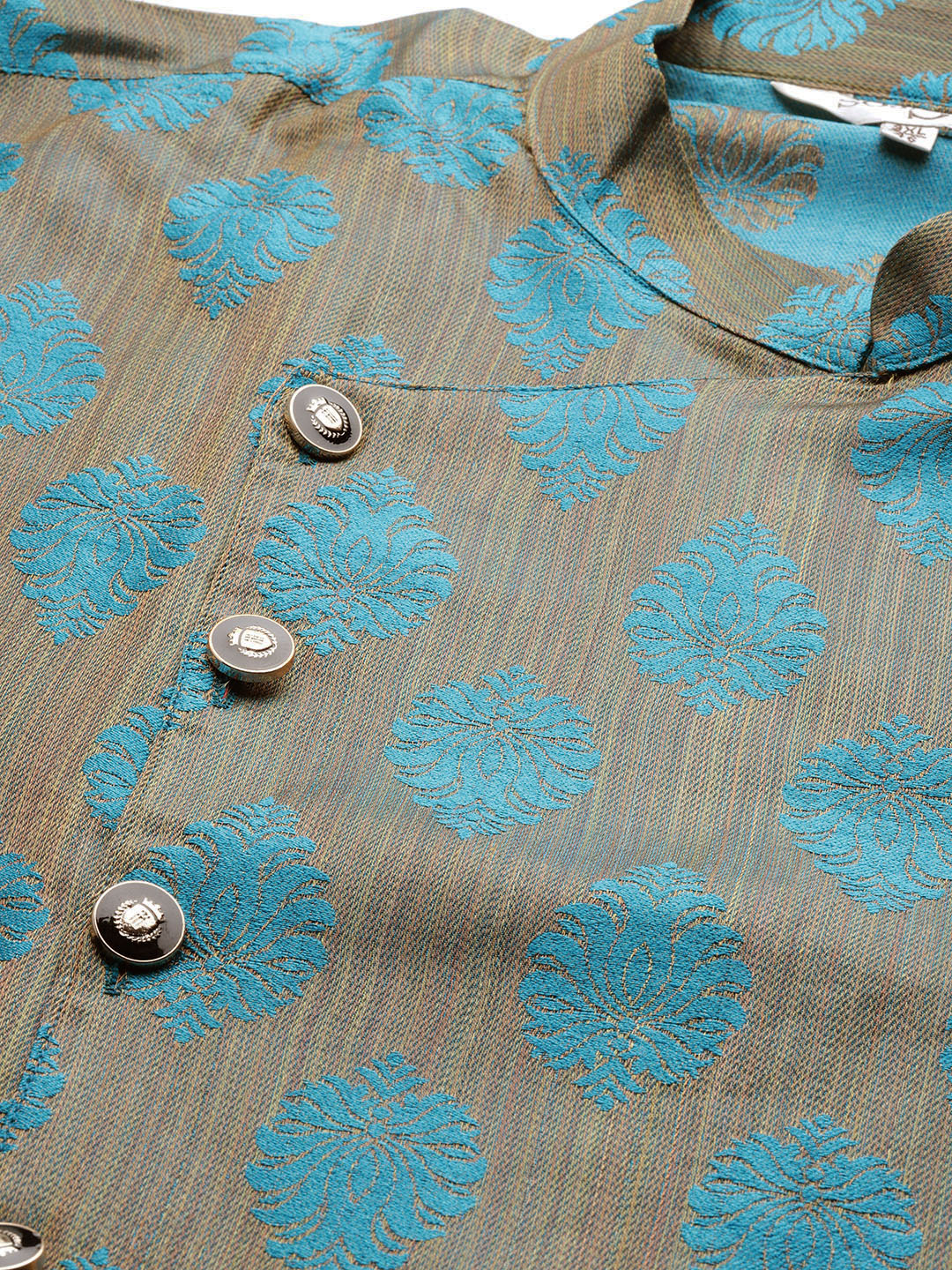 Men's Jacquard Silk Teal Blue Kurta & Off-White Churidar Pyjama Set