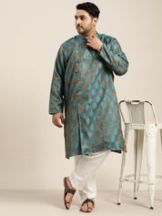 Men's Jacquard Silk Teal Blue Kurta & Off-White Churidar Pyjama Set