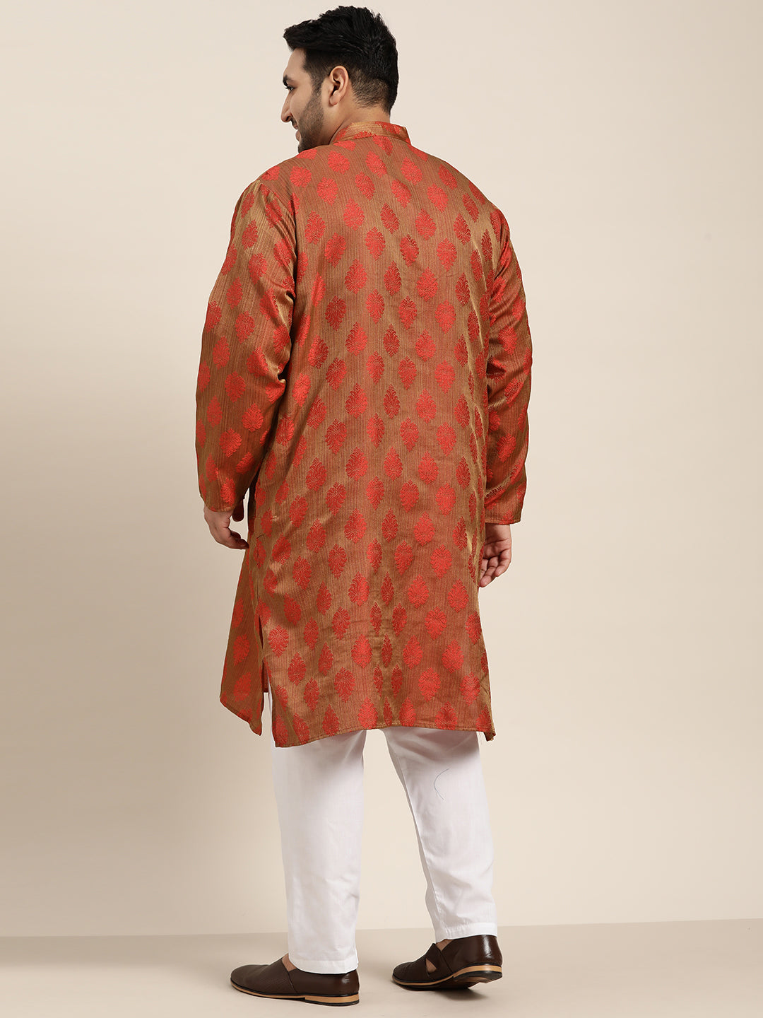 Men's Jacquard Silk Red Kurta & Off-White Churidar Pyjama Set