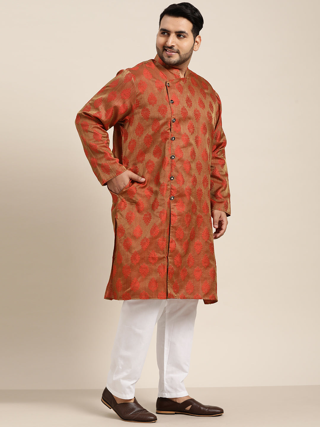 Men's Jacquard Silk Red Kurta & Off-White Churidar Pyjama Set