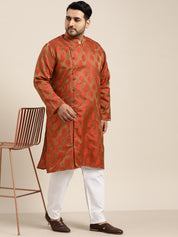 Men's Jacquard Silk Red Kurta & Off-White Churidar Pyjama Set