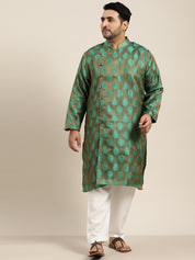 Men's Jacquard Silk Dark Green Kurta & Off-White Churidar Pyjama Set