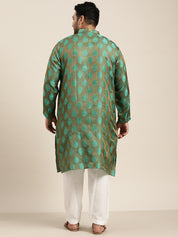 Men's Jacquard Silk Dark Green Kurta & Off-White Churidar Pyjama Set