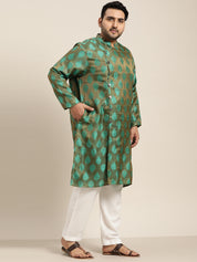 Men's Jacquard Silk Dark Green Kurta & Off-White Churidar Pyjama Set