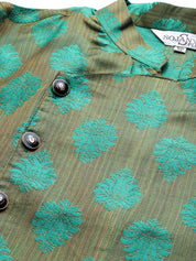 Men's Jacquard Silk Dark Green Kurta & Off-White Churidar Pyjama Set