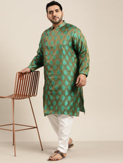 Men's Jacquard Silk Dark Green Kurta & Off-White Churidar Pyjama Set