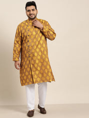 Men's Jacquard Silk Mustard Kurta & Off-White Churidar Pyjama Set