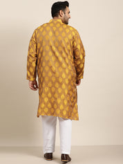 Men's Jacquard Silk Mustard Kurta & Off-White Churidar Pyjama Set