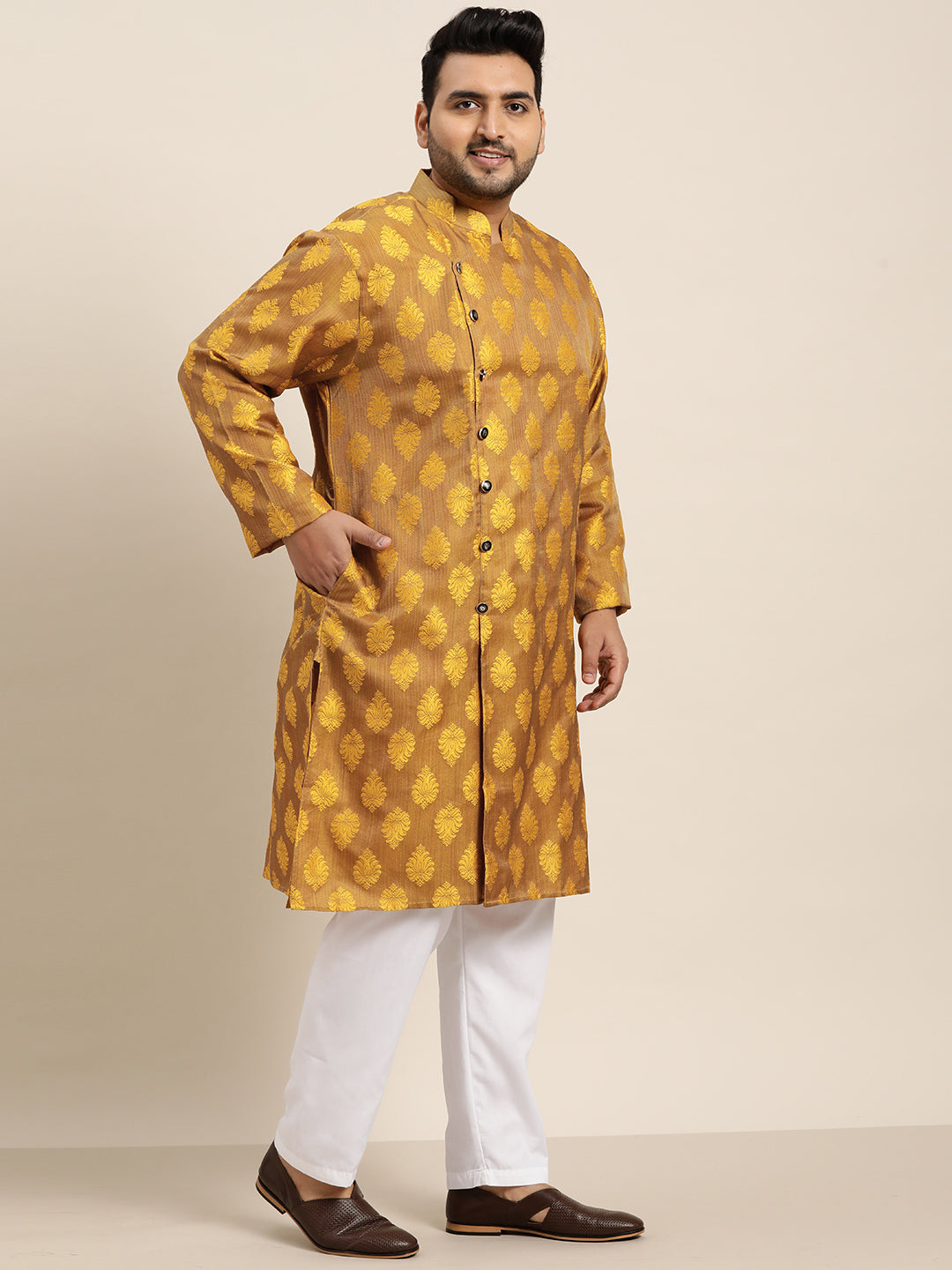 Men's Jacquard Silk Mustard Kurta & Off-White Churidar Pyjama Set