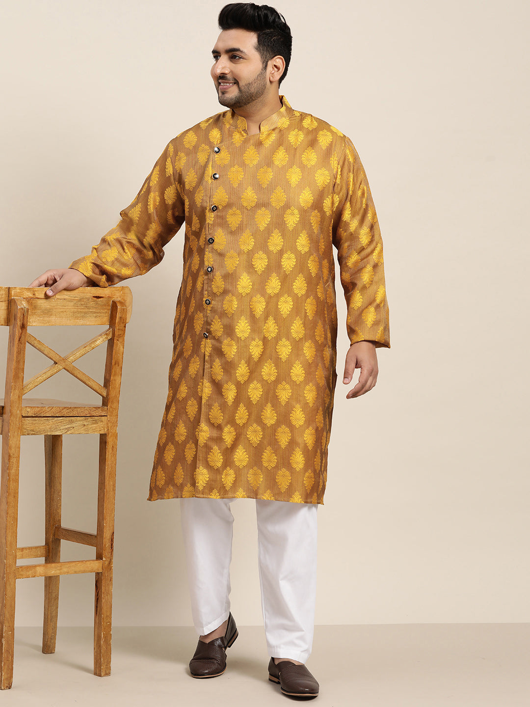 Men's Jacquard Silk Mustard Kurta & Off-White Churidar Pyjama Set