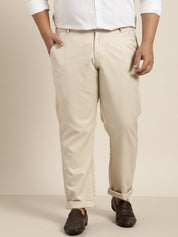 Men's Cotton Blend Beige Solid Trousers