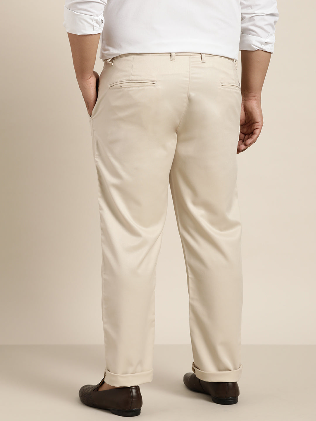 Men's Cotton Blend Beige Solid Trousers