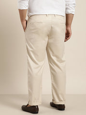 Men's Cotton Blend Beige Solid Trousers