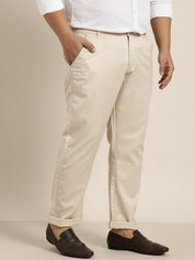 Men's Cotton Blend Beige Solid Trousers