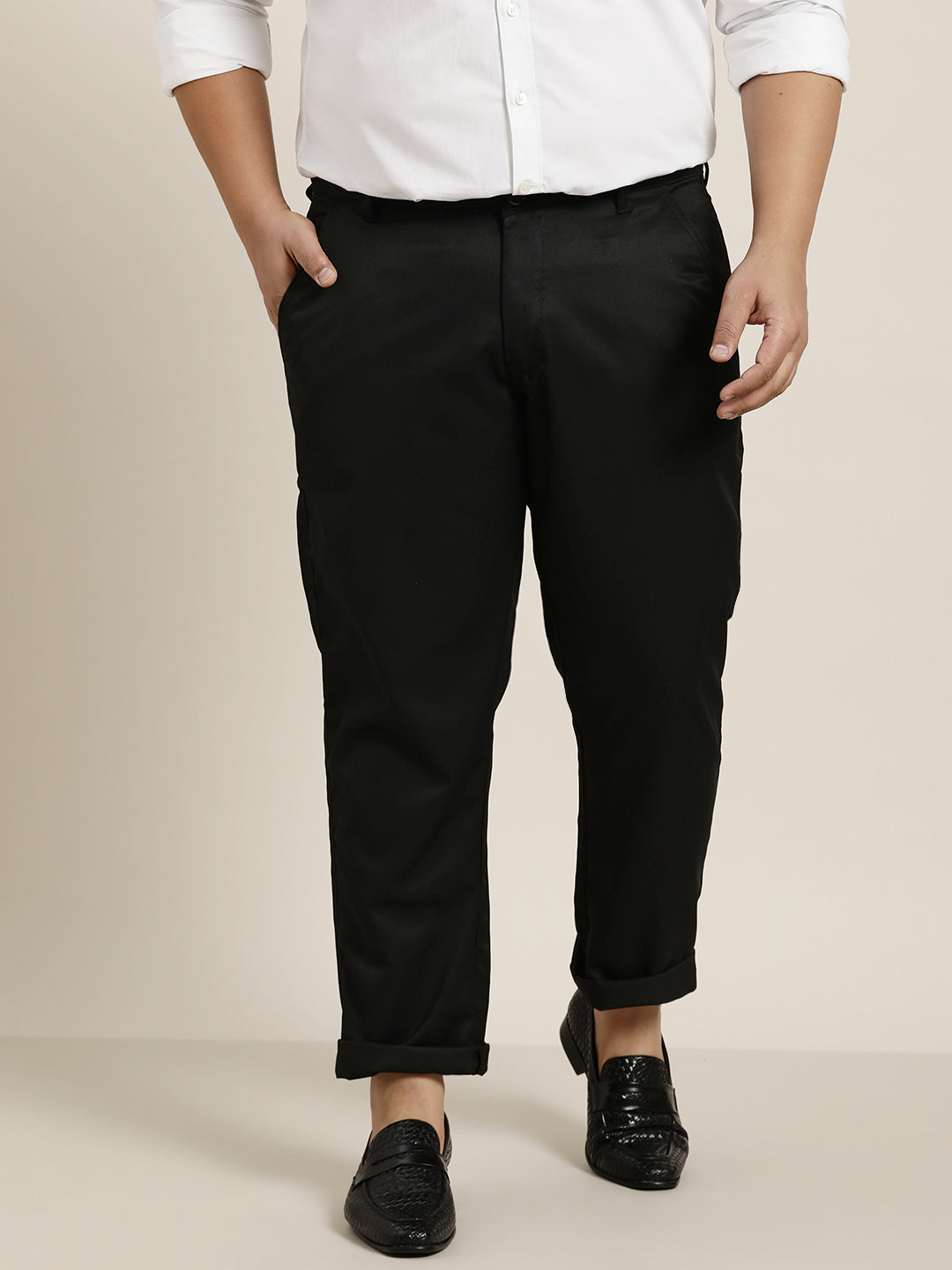 Men's Cotton Blend Black Solid Trousers