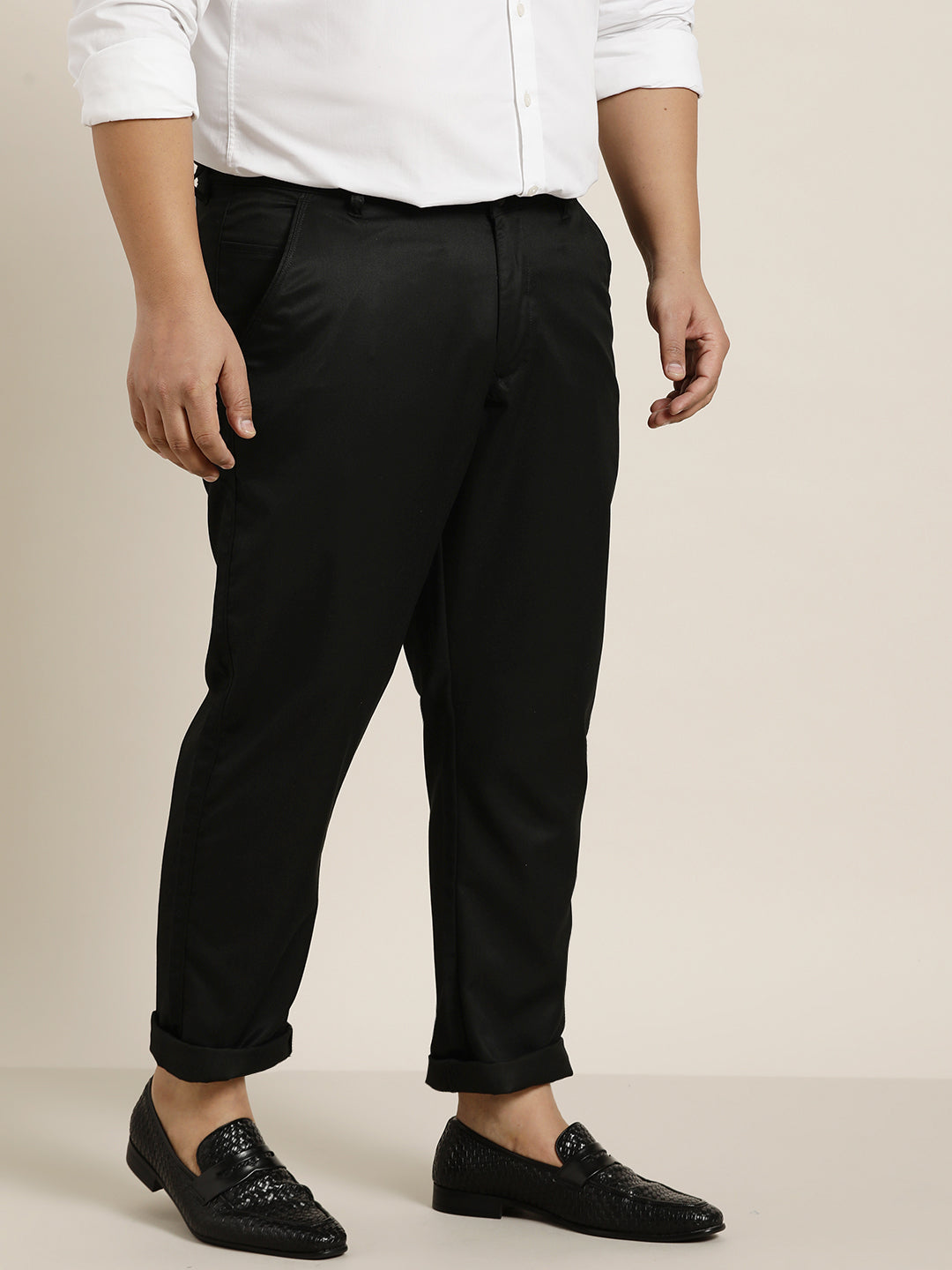 Men's Cotton Blend Black Solid Trousers