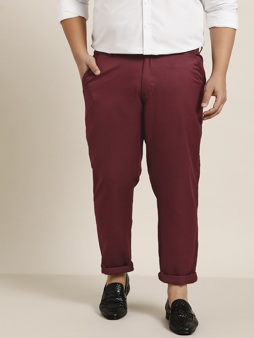 Men's Cotton Blend Burgundy Solid Trousers