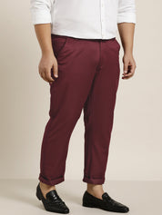 Men's Cotton Blend Burgundy Solid Trousers