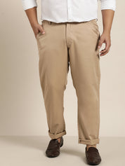 Men's Cotton Blend Khaki Solid Trousers