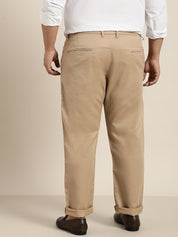 Men's Cotton Blend Khaki Solid Trousers