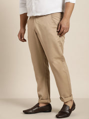 Men's Cotton Blend Khaki Solid Trousers