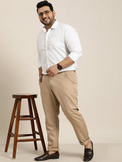 Men's Cotton Blend Khaki Solid Trousers