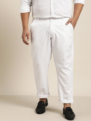 Men's Cotton Blend White Solid Trousers