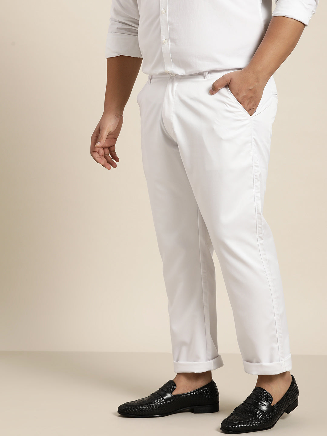 Men's Cotton Blend White Solid Trousers