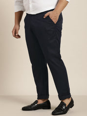 Men's Cotton Blend Dark Navy Blue Solid Trousers