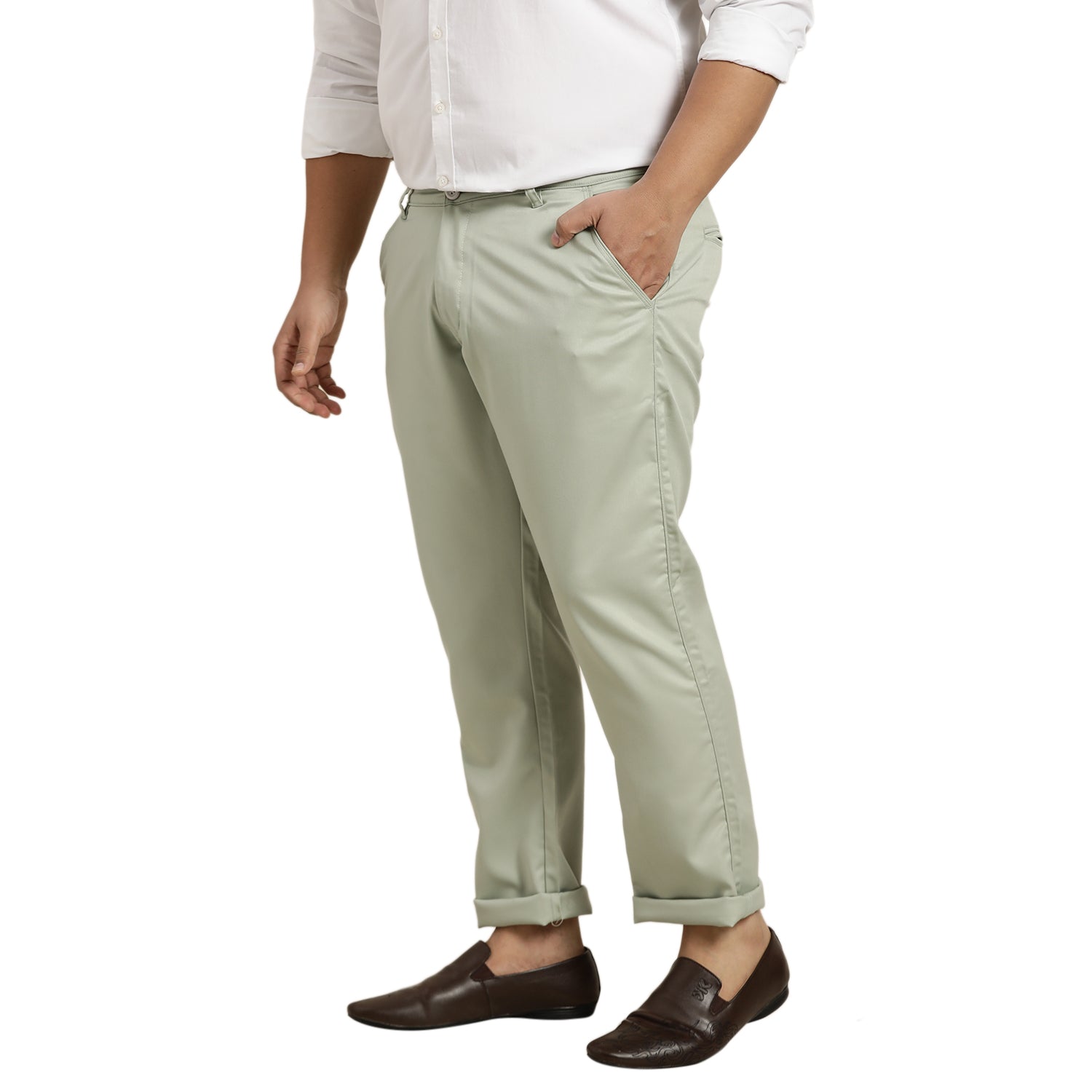 Men's Cotton Blend Pista Green Solid Trousers