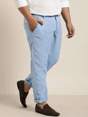 Men's Cotton Blend Blue Woven Design Trousers