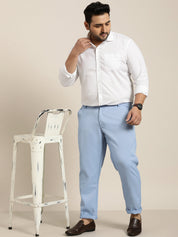 Men's Cotton Blend Blue Woven Design Trousers