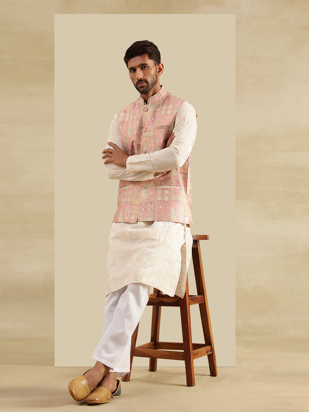 Men's Cotton Silk Cream Kurta & White Pyjama With Jacquard Silk Pink Nehru Jacket