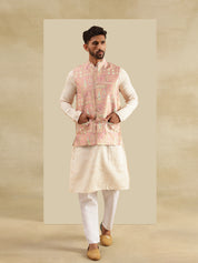 Men's Cotton Silk Cream Kurta & White Pyjama With Jacquard Silk Pink Nehru Jacket