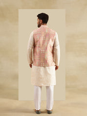 Men's Cotton Silk Cream Kurta & White Pyjama With Jacquard Silk Pink Nehru Jacket