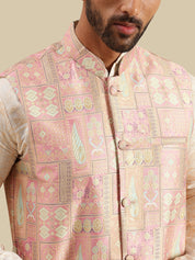 Men's Cotton Silk Cream Kurta & White Pyjama With Jacquard Silk Pink Nehru Jacket