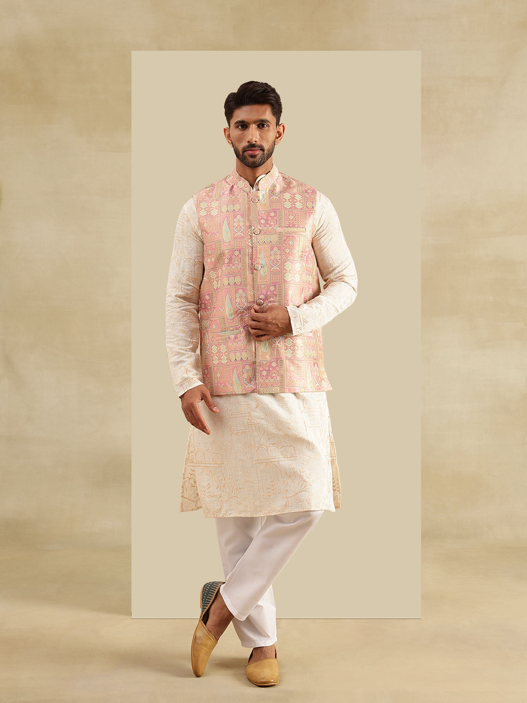 Men's Cotton Silk Cream Kurta & White Pyjama With Jacquard Silk Pink Nehru Jacket