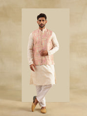 Men's Cotton Silk Cream Kurta & White Pyjama With Jacquard Silk Pink Nehru Jacket