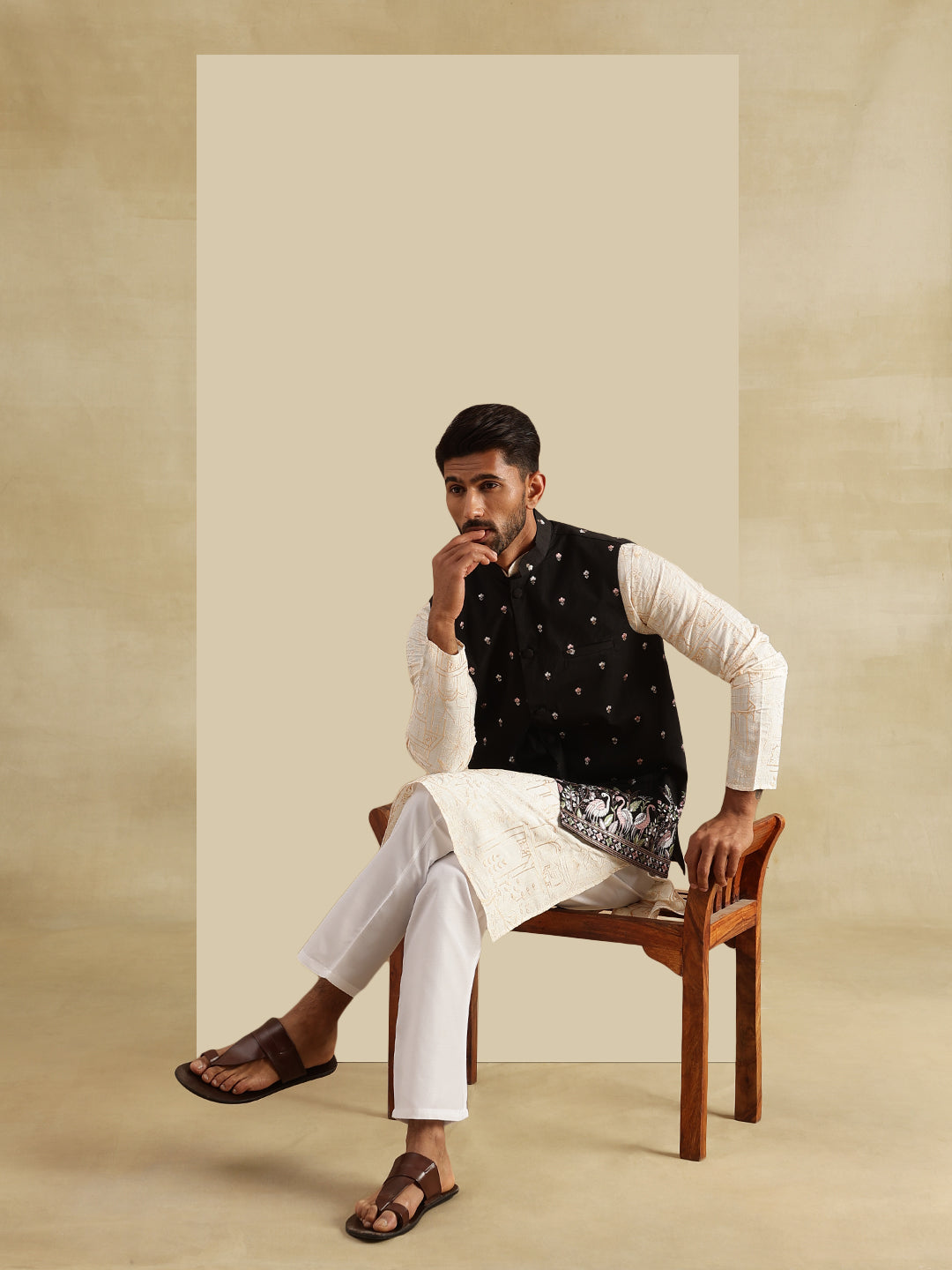 Men's Cotton Silk Cream Kurta and White Pyjama With Daman Embroidered Black Nehru Jacket