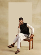 Men's Cotton Silk Cream Kurta and White Pyjama With Daman Embroidered Black Nehru Jacket