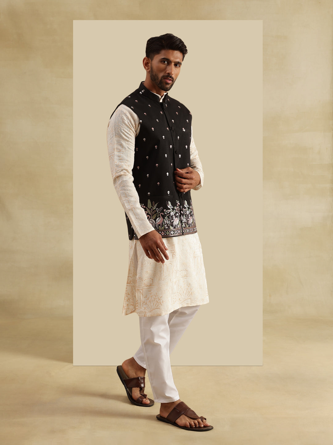 Men's Cotton Silk Cream Kurta and White Pyjama With Daman Embroidered Black Nehru Jacket