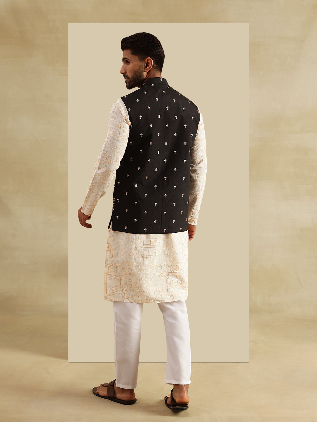 Men's Cotton Silk Cream Kurta and White Pyjama With Daman Embroidered Black Nehru Jacket