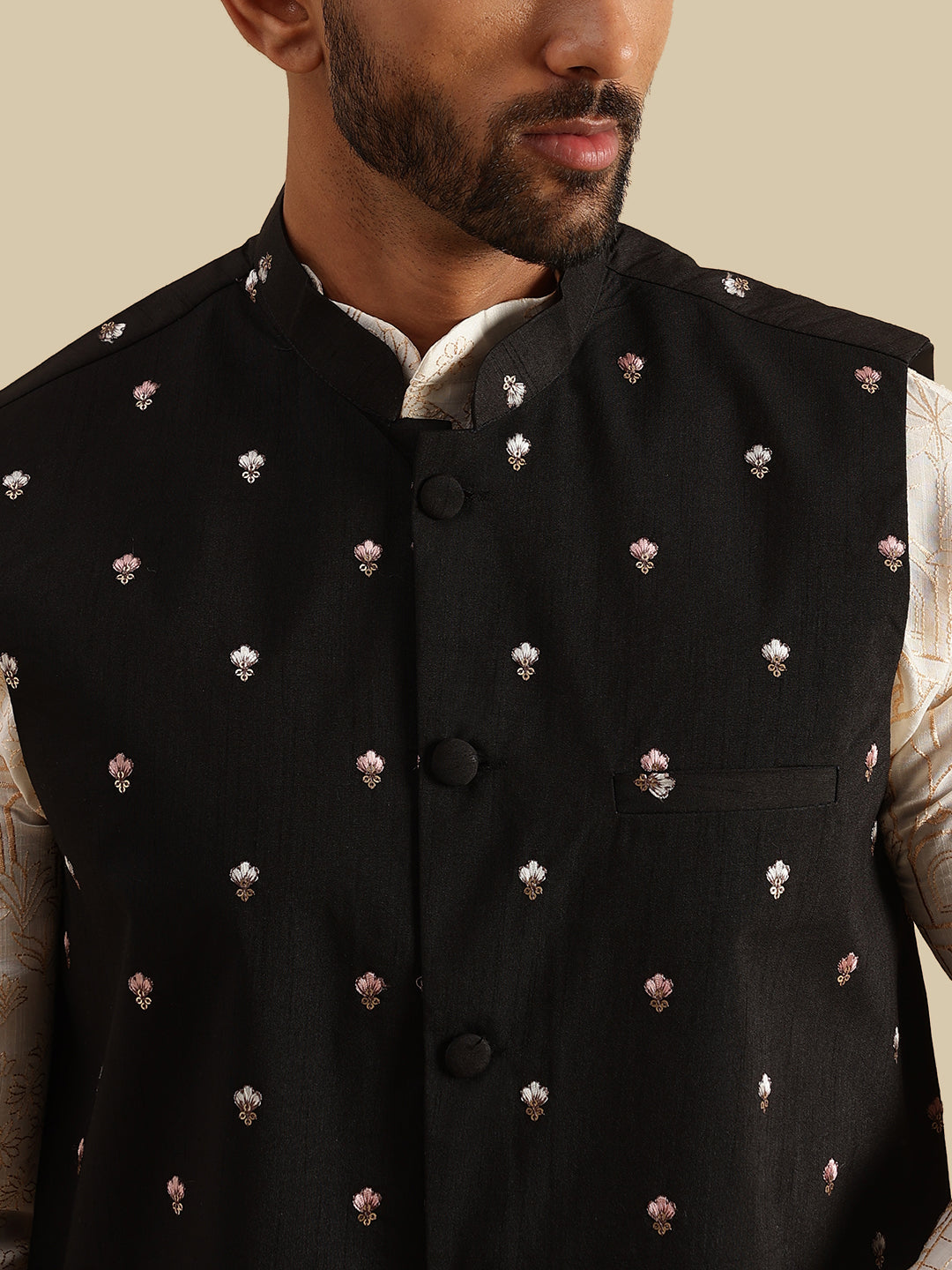 Men's Cotton Silk Cream Kurta and White Pyjama With Daman Embroidered Black Nehru Jacket