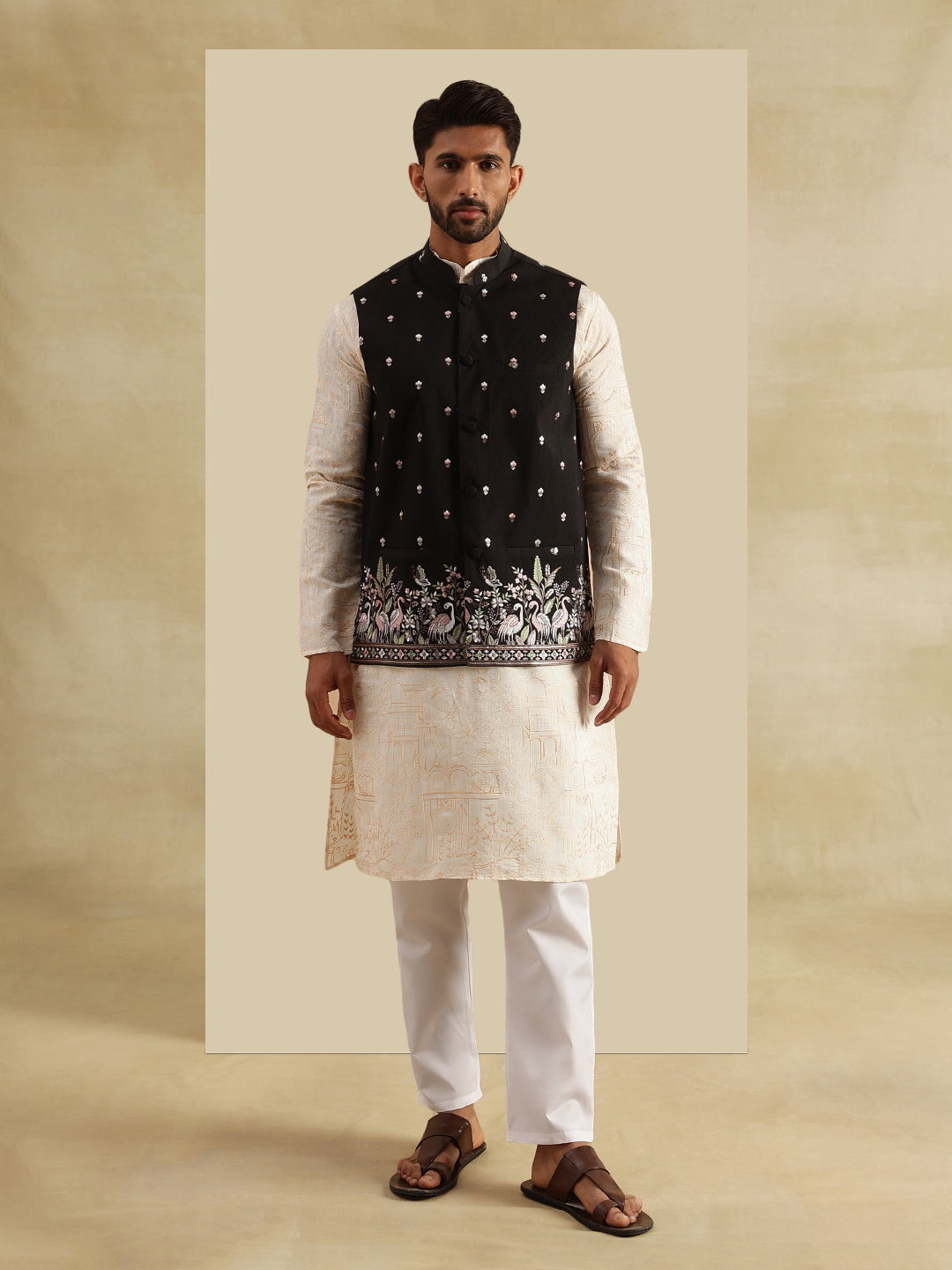 Men's Cotton Silk Cream Kurta and White Pyjama With Daman Embroidered Black Nehru Jacket