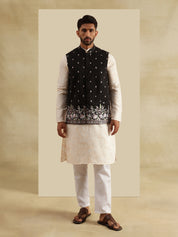 Men's Cotton Silk Cream Kurta and White Pyjama With Daman Embroidered Black Nehru Jacket
